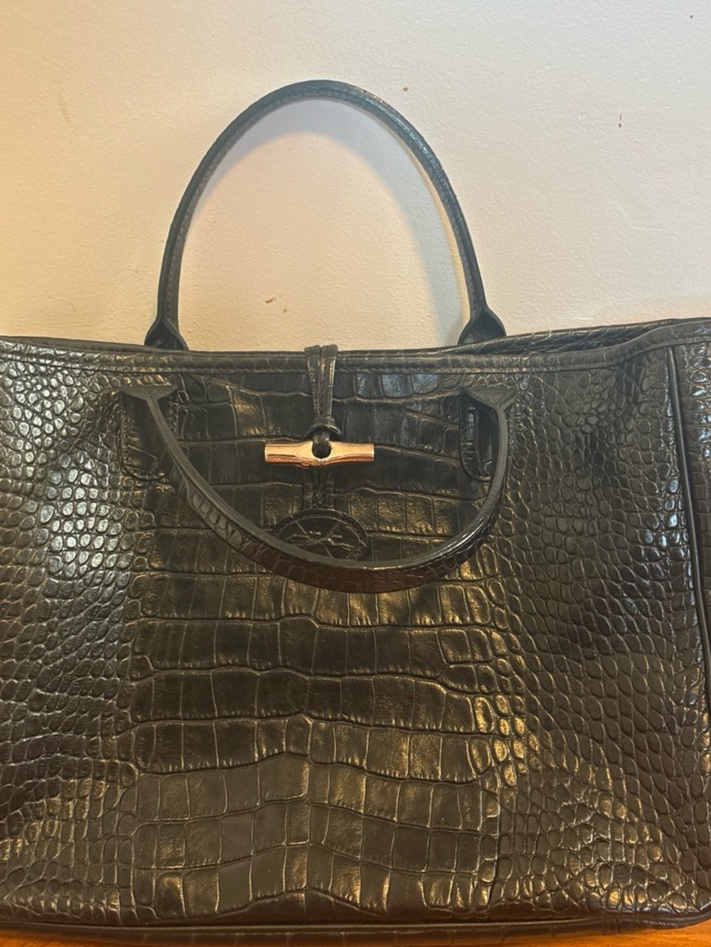 Longchamp Black Croc-Embossed Tote with Gold Accent